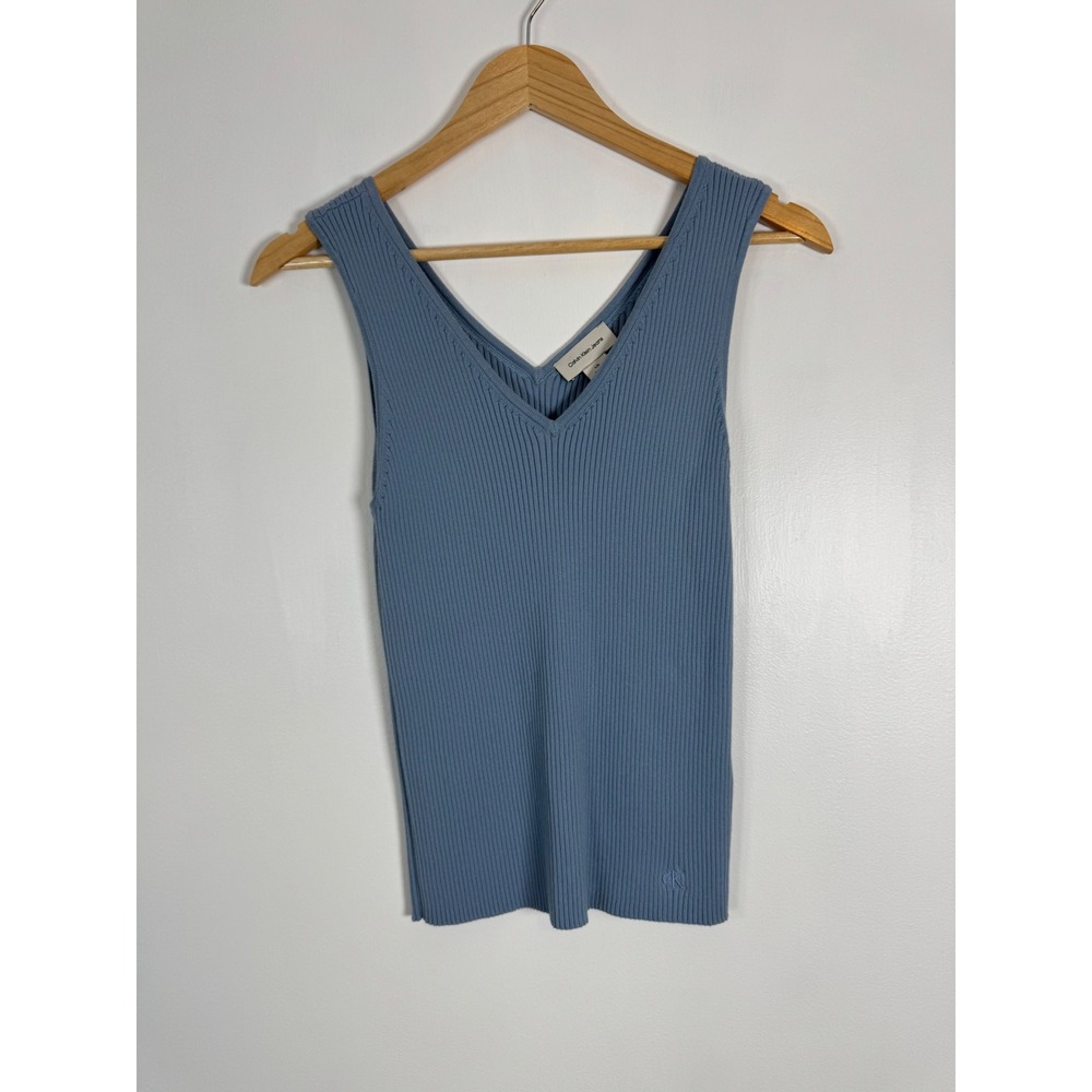 Minimalist Calvin Klein Jeans Womens Large Ribbed Knit Tank Top Blue V-Neck Logo